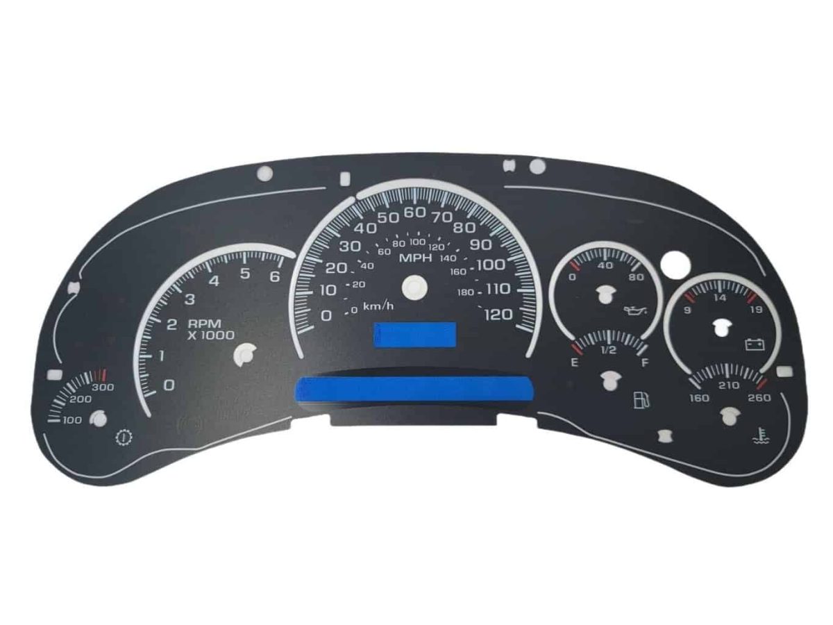 thumbnail image 2 of Tanin Electronix Gauge Face Overlay For 2003-2005 Chevy GMC Trucks – Black With Clear Scales 2 of 4